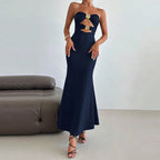 Hollow Out Metal Buckle Slim Evening Dress - Piña Colada
