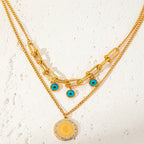 Double Layer Heart & Turquoise Evil Eye Necklace - Piña Colada