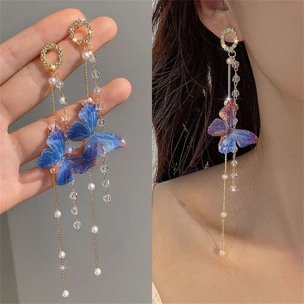 Zircon Crystal Pearls Long Tassel Butterfly Earrings - Piña Colada