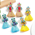Boho Rhinestone Leaf Tassel Earrings – Statement Dangle Earrings for Women - Piña Colada