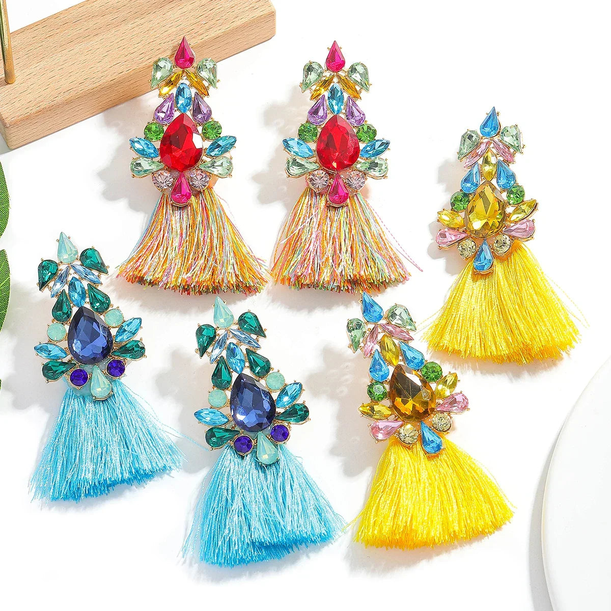 Boho Rhinestone Leaf Tassel Earrings – Statement Dangle Earrings for Women - Piña Colada