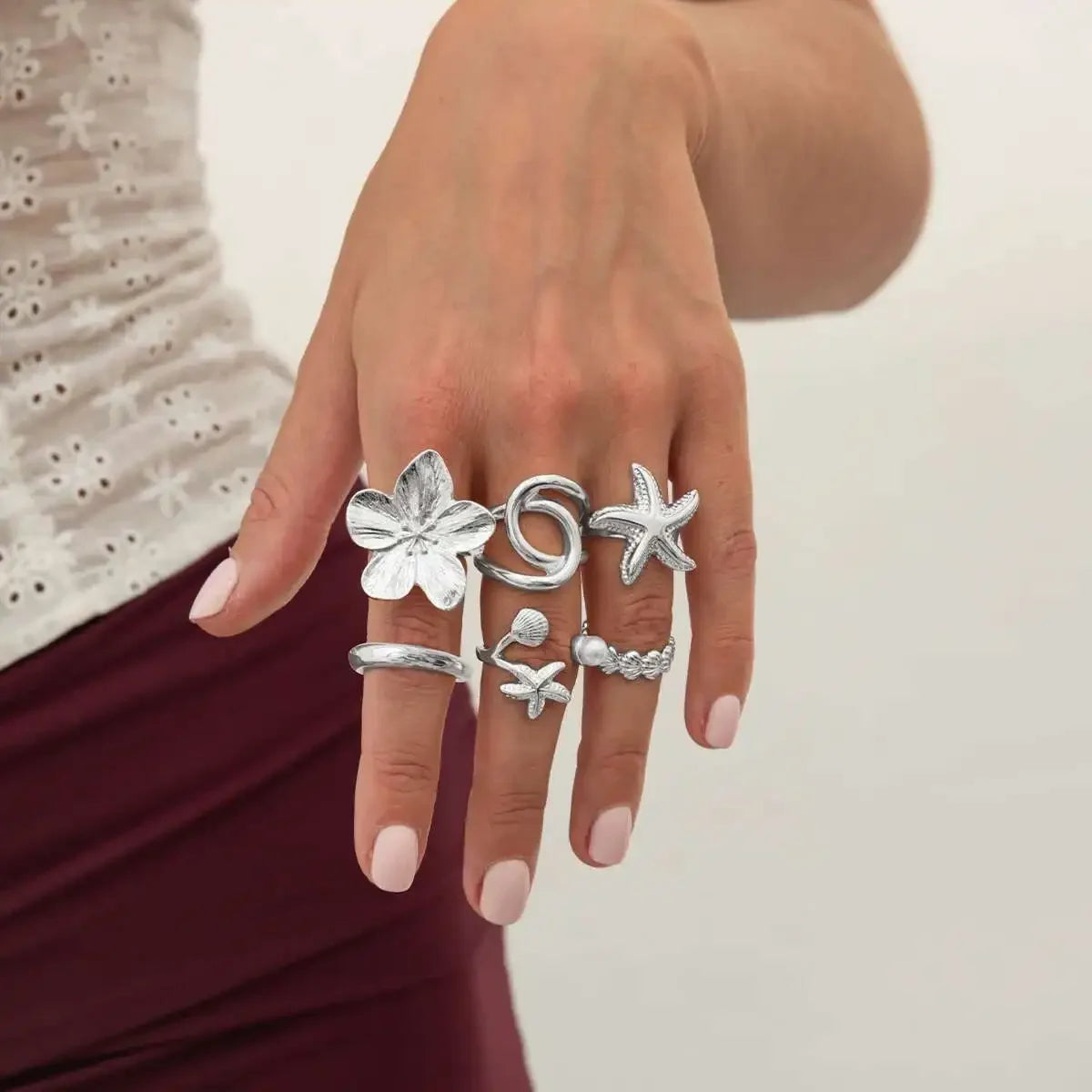 6Pcs/set Pearl Open Irregular Pleated Rings - Piña Colada