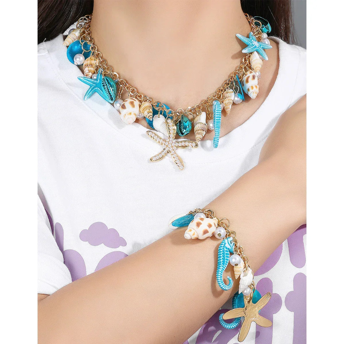 Starfish & Shell Pendant Necklace and Bracelet - Piña Colada