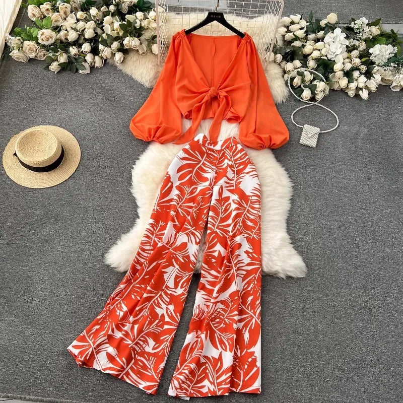 Vintage Sleeve Short Zip Up Shirt Top + Print High Waist Wide Leg - Piña Colada