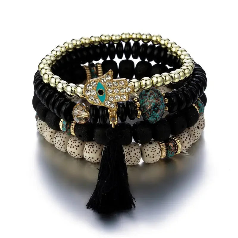 Bohemian Evil Eye Tassel Bracelet Set - Piña Colada