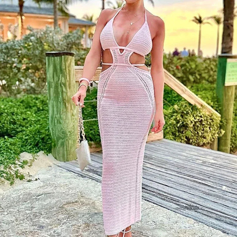 Backless Hollow-Out Knit Cover-Up Dress – Beach Vacation Style - Piña Colada