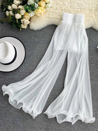 Light Chiffon Flowy Flare Pants – High Waist Summer Casual - Piña Colada