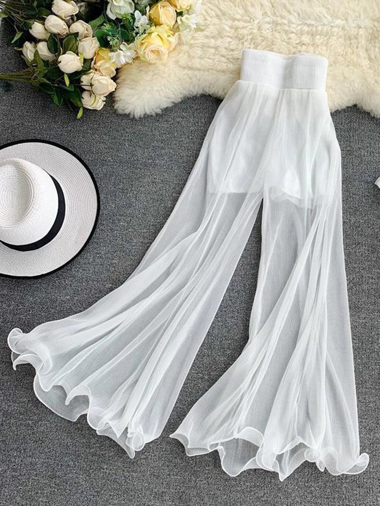 Light Chiffon Flowy Flare Pants – High Waist Summer Casual - Piña Colada