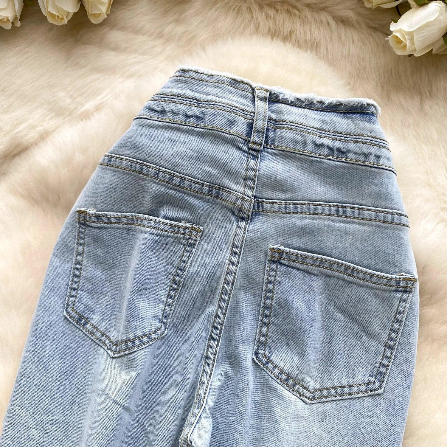 High-Waisted Flared Denim Pants with Faux Zippers – Streetwear Style - Piña Colada