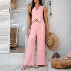 Summer V-Neck Button Crop Top & Wide-Leg Pants Set - Piña Colada