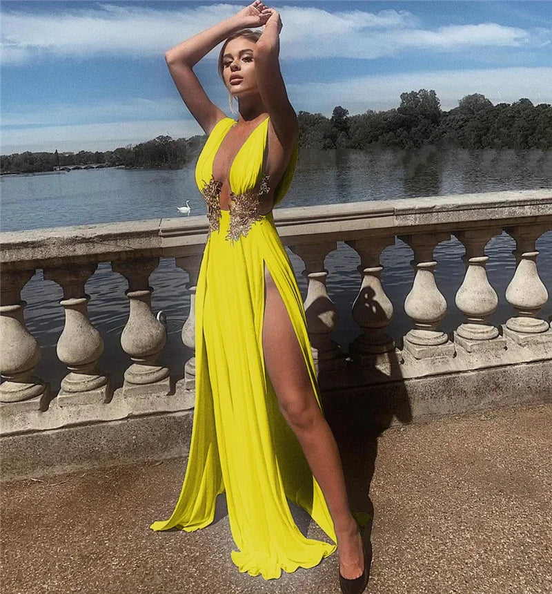 Elegant V-Neck Embroidered Maxi Dress - Piña Colada