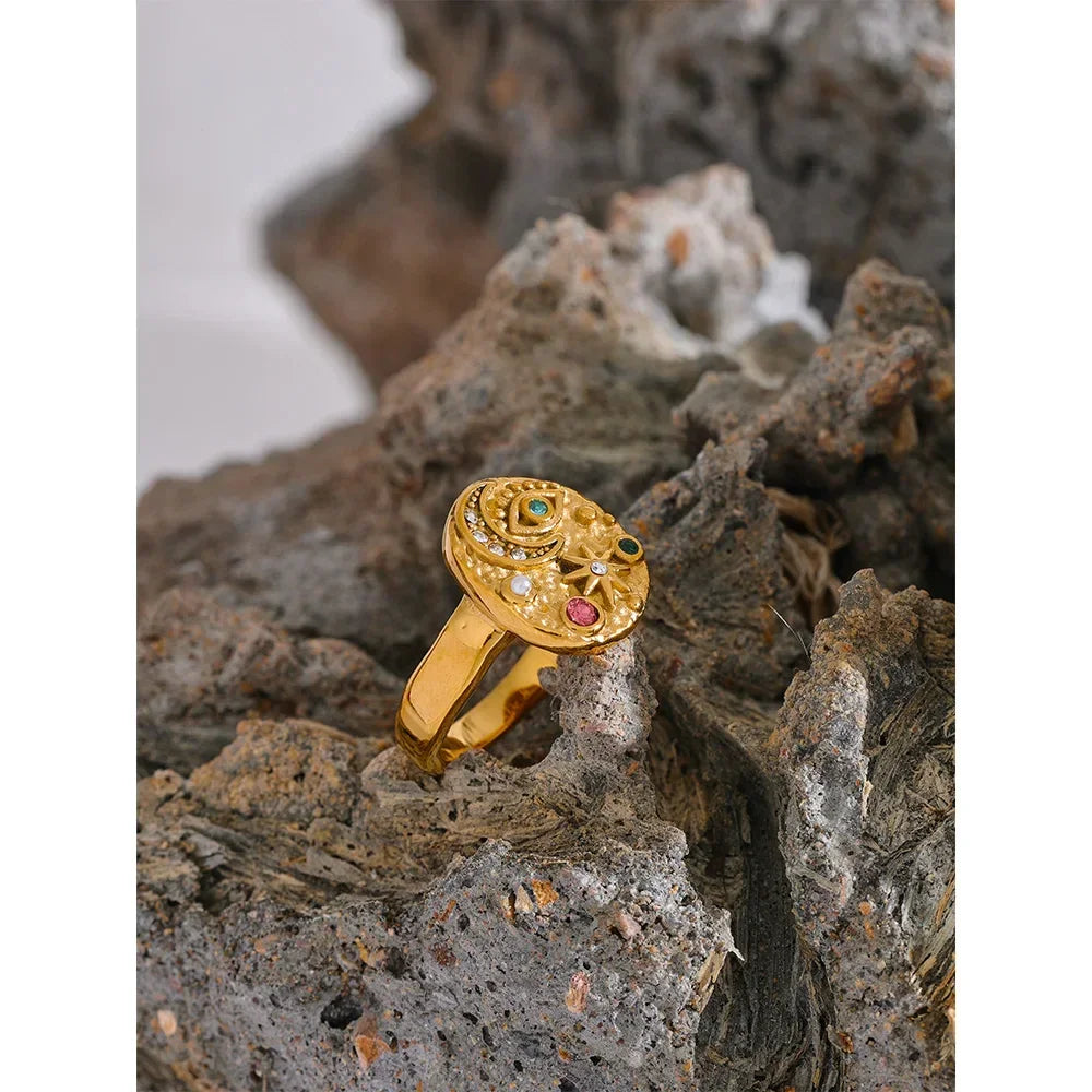 Stainless Steel Star Moon Eye Charms Ring - Piña Colada