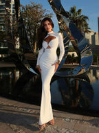 Turtleneck Straight-Fit Mesh Maxi Dress - Piña Colada
