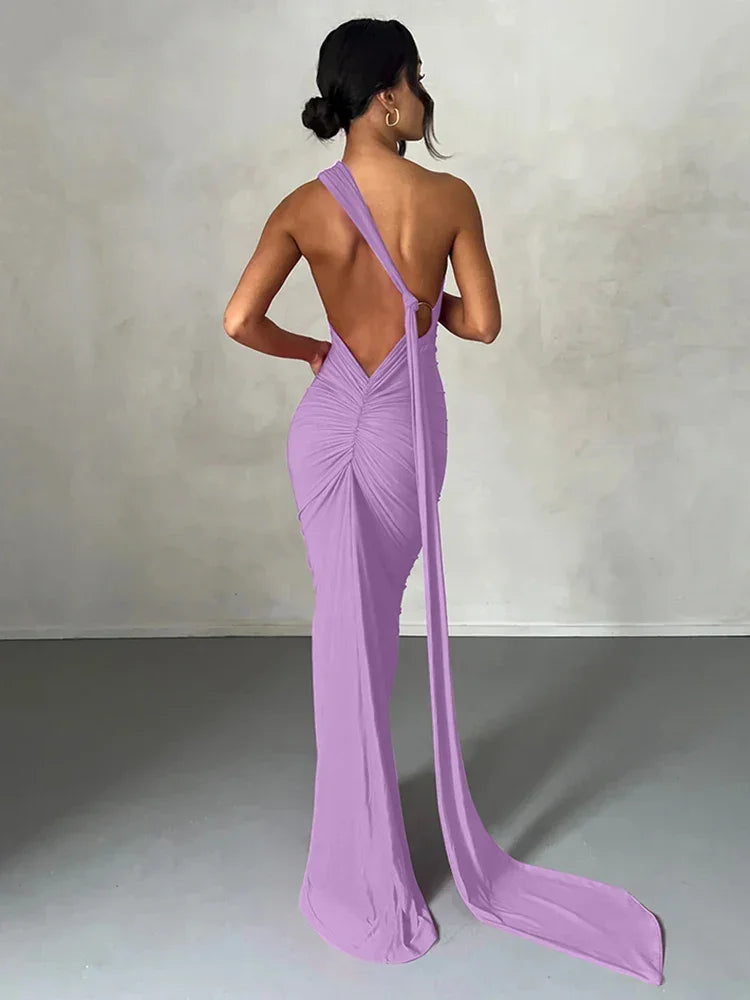 One Shoulder Backless Adjustable Scarf Maxi Dress - Piña Colada