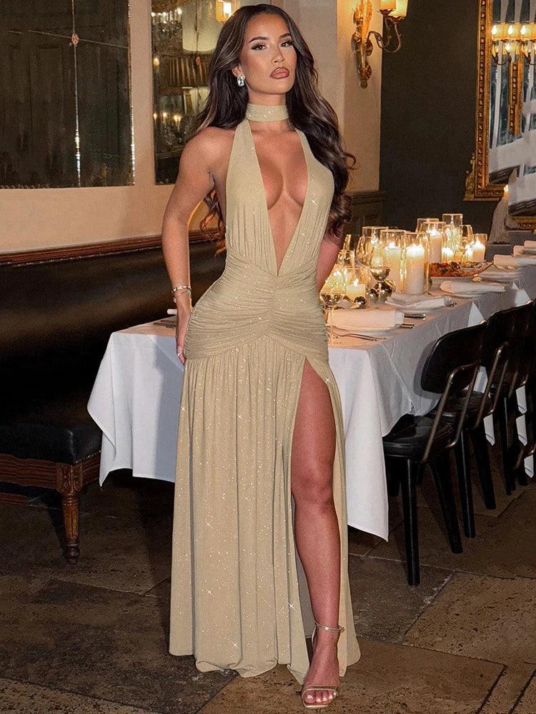 Mozision Sequin V-Neck Floor-Length Dress – Sexy & Club Evening Gown - Piña Colada