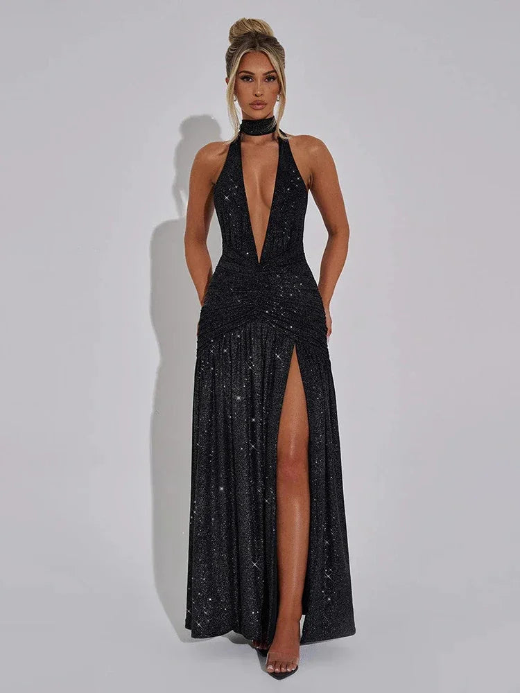 Mozision Sequin V-Neck Floor-Length Dress – Sexy & Club Evening Gown - Piña Colada