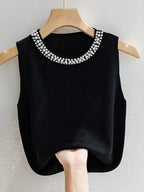 Beaded Knit Crop Tank Top – Casual Stretch Fit - Piña Colada