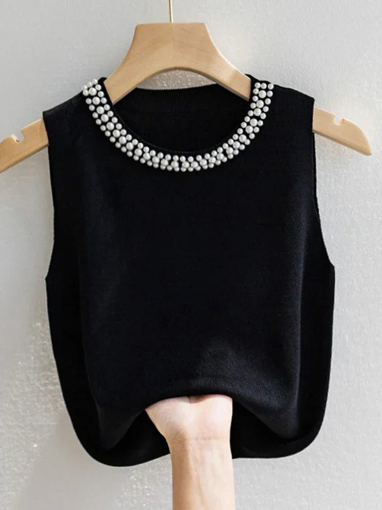 Beaded Knit Crop Tank Top – Casual Stretch Fit - Piña Colada