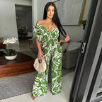 Women Leaf Printed Vintage Short Sleeve Wide Leg Jumpsuits - Piña Colada