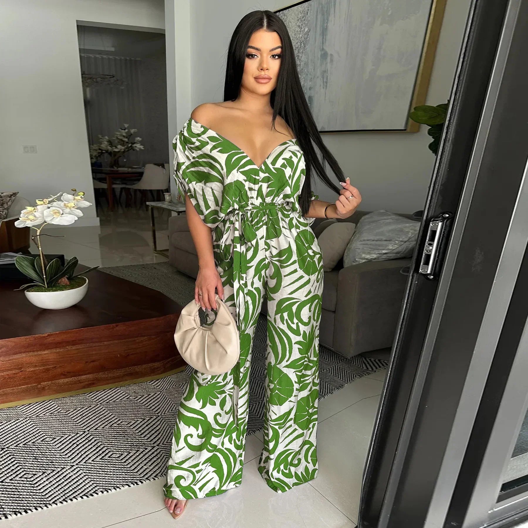 Women Leaf Printed Vintage Short Sleeve Wide Leg Jumpsuits - Piña Colada