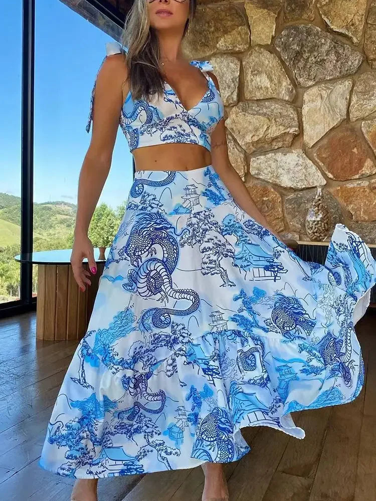 Hand-Painted Oversized 2-Piece Set – Backless Crop Top & Flowing Skirt - Piña Colada