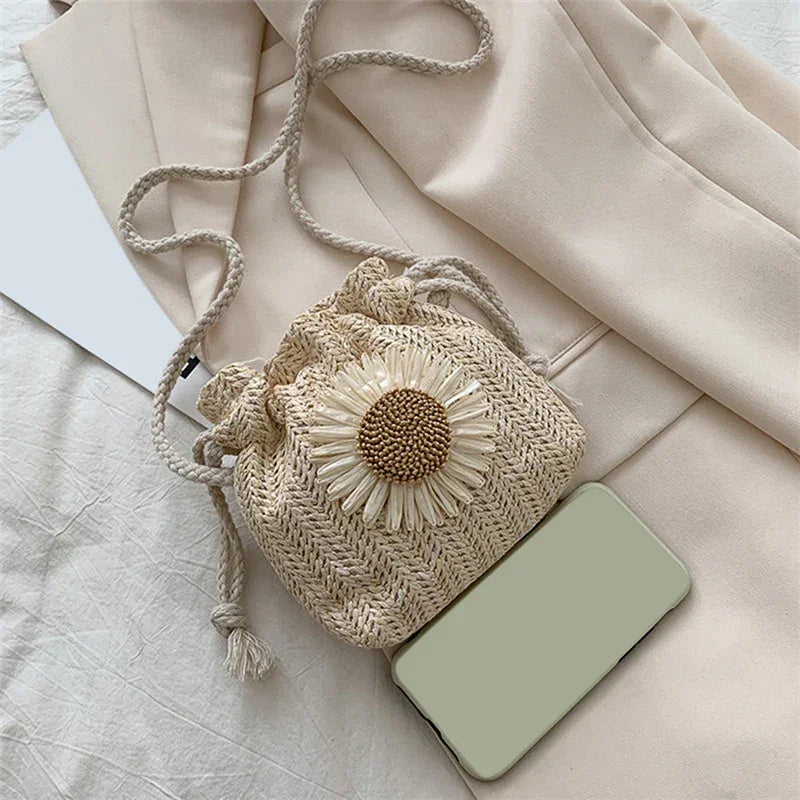 Straw Bag Handbag Knit Flower - Piña Colada