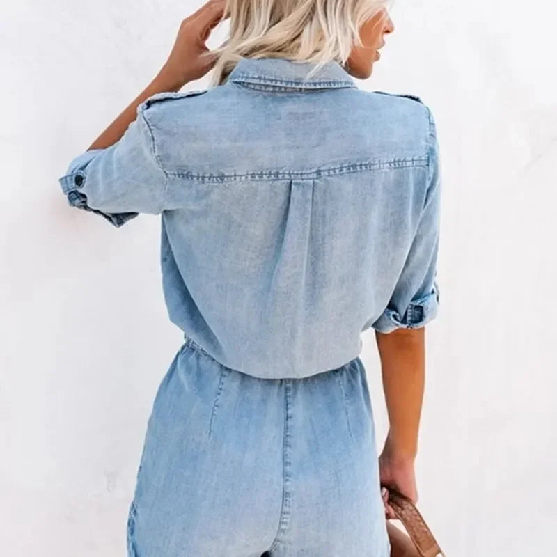 Loose-Fit Long Sleeve Denim Romper - Piña Colada
