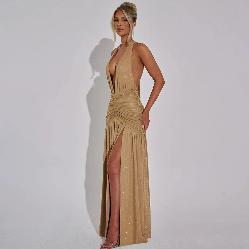 Halter Backless Silk V-neck Dress - Piña Colada