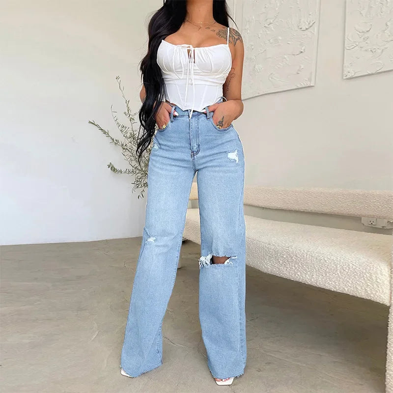 High Waist Coated Wide Leg Jeans – Street Style Elegance - Piña Colada