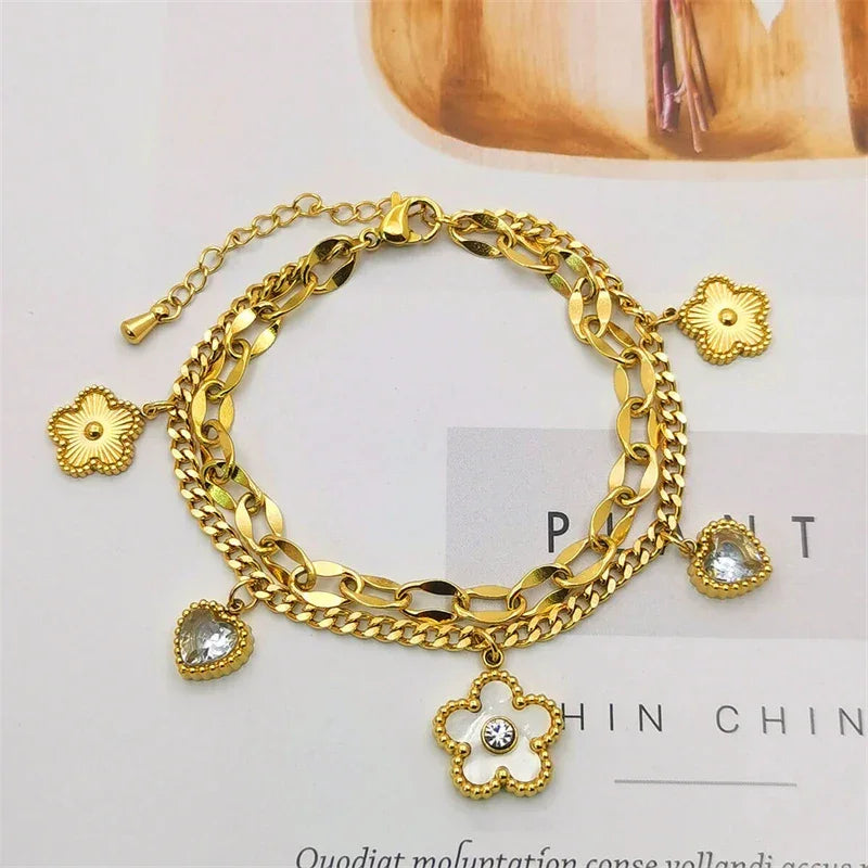 Stainless Steel 2025 New Fashion Jewelry Zircon Seashell Heart Flowers Charm - Piña Colada