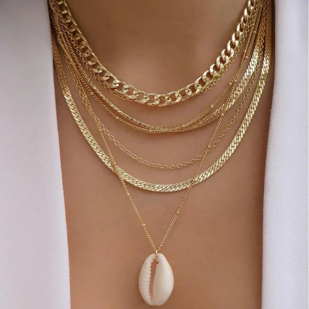 Boho Multi-Layer Gold Crystal Pendant Necklace Set - Piña Colada