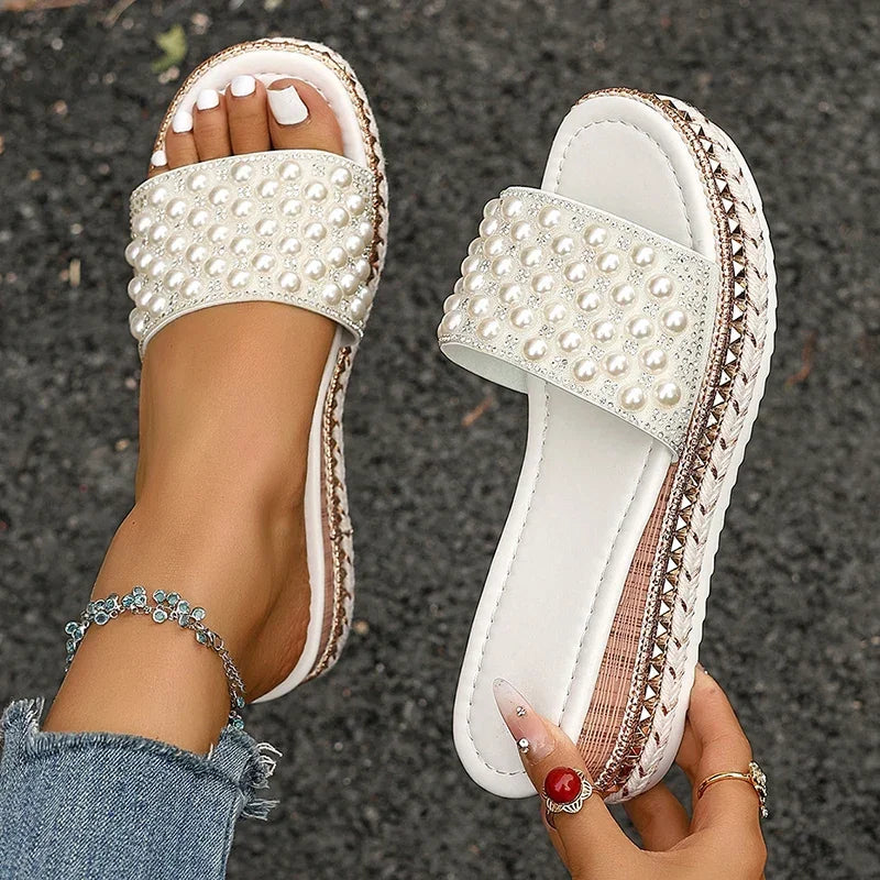 Shiny Crystal Pearl Platform Slippers - Piña Colada