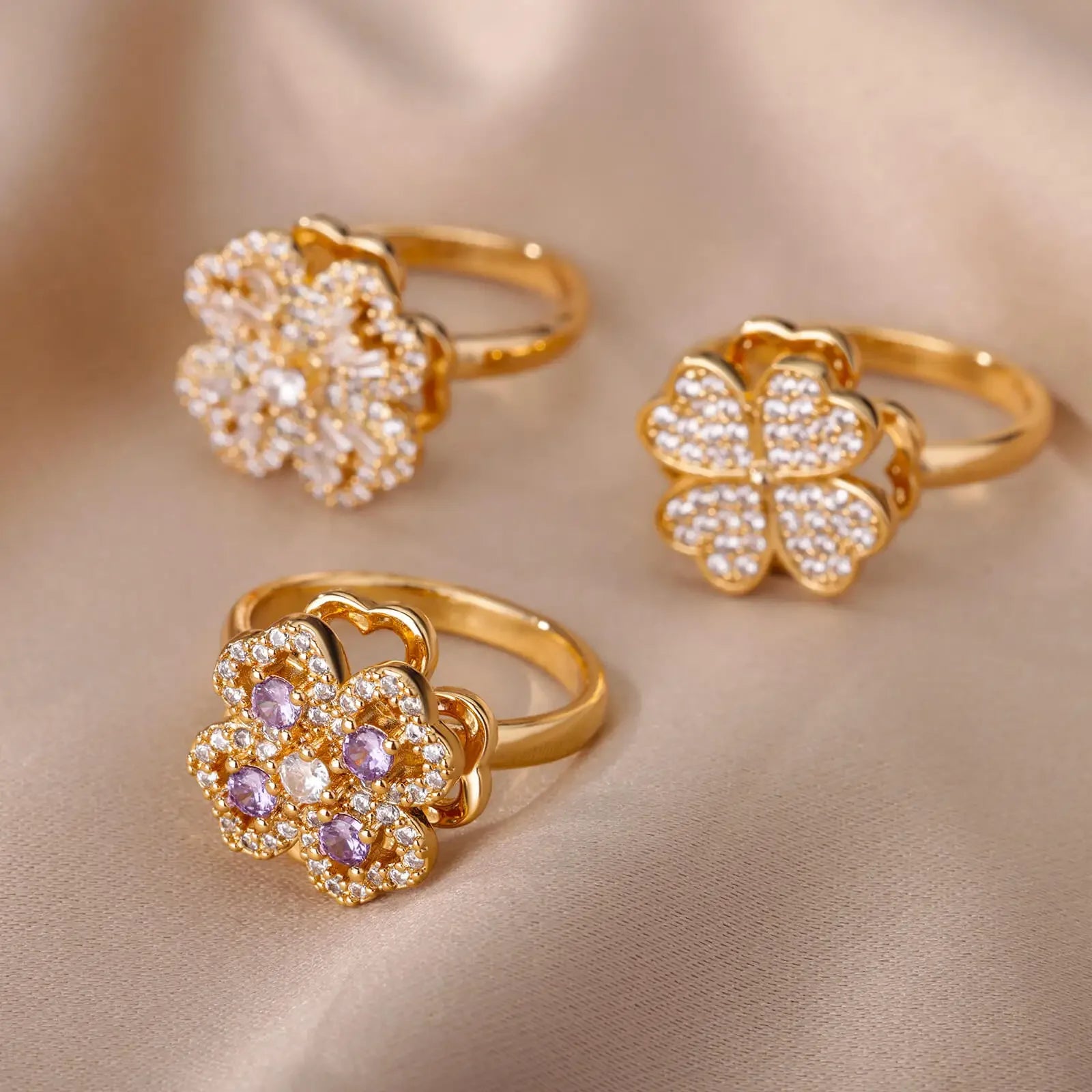 Spinner Zircon Heart Four Leaf Clover Rings - Piña Colada