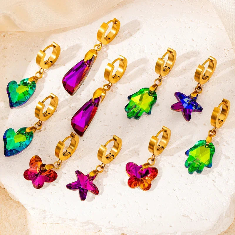 Colorful Crystal Star & Palm Drop Earrings - Piña Colada