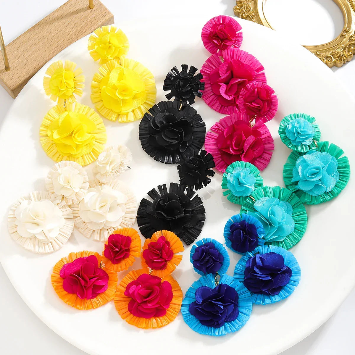 Bohemian Raffia Flower Drop Earrings - Piña Colada