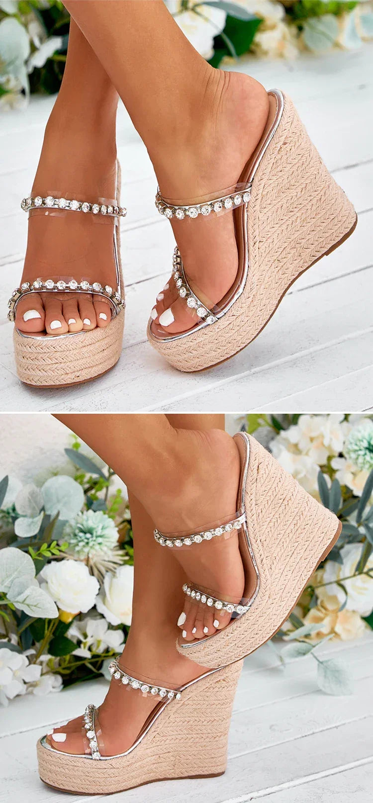Crystal Wedge Slide Sandals – Elegant PU Platform Mules - Piña Colada