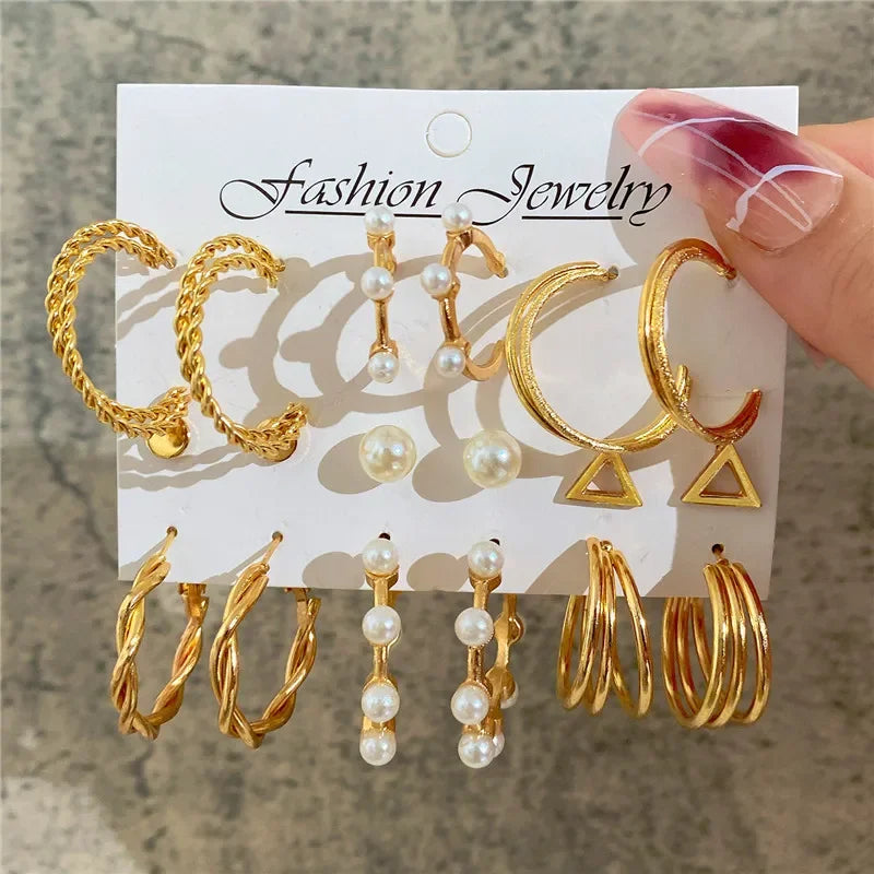 Modyle Geometric Pearl Hoop Earrings Set - Piña Colada