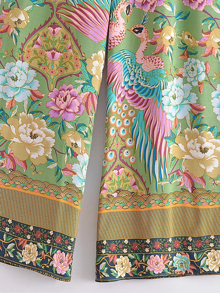 Peacock Floral Print Bohemian Wide Leg Pants - Piña Colada