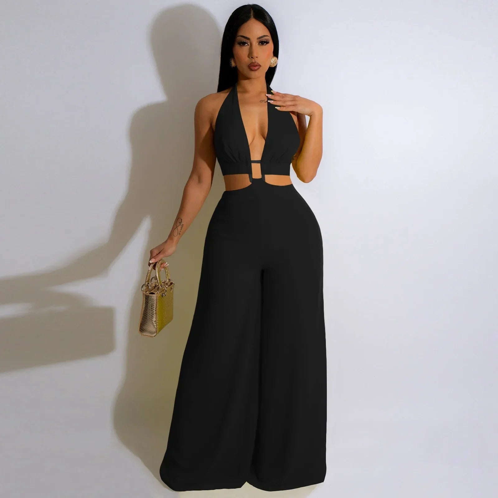 Cutout Halter Wide-Leg Jumpsuit - Piña Colada