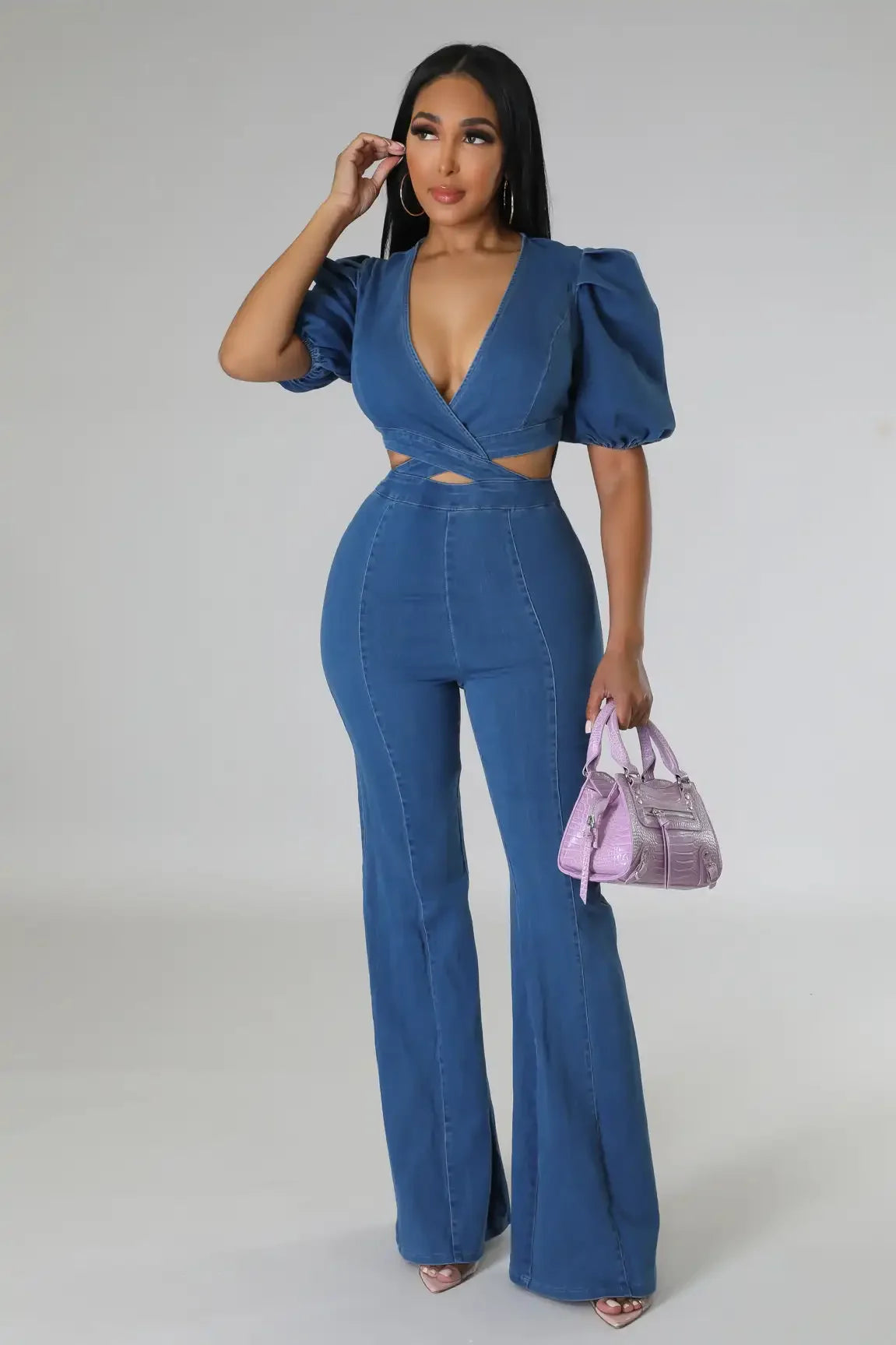Wide Leg Denim Jumpsuit Ruffle - Piña Colada