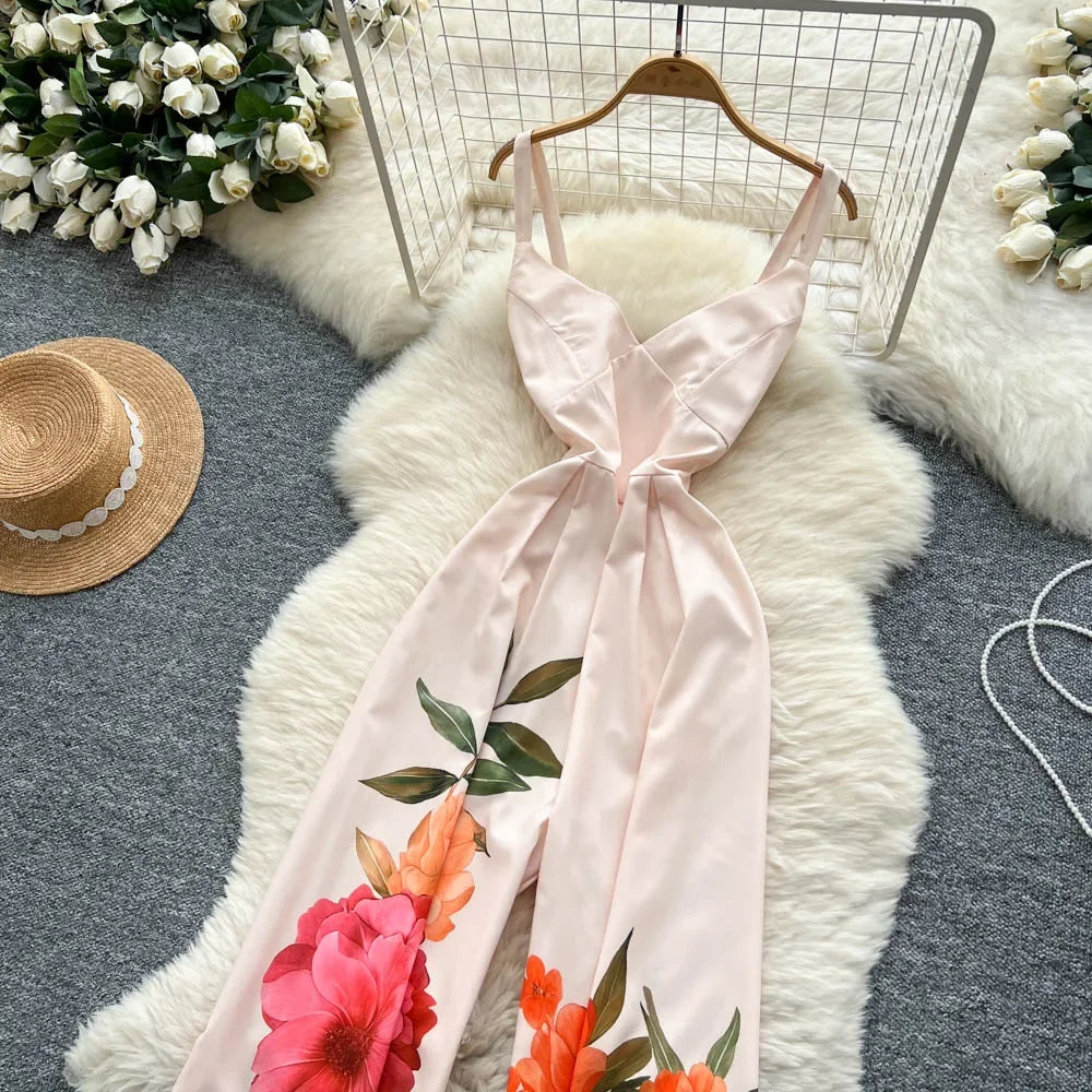 Vintage Printed Jumpsuit for Women – Full-Length Summer Romper with Mid Waist - Piña Colada
