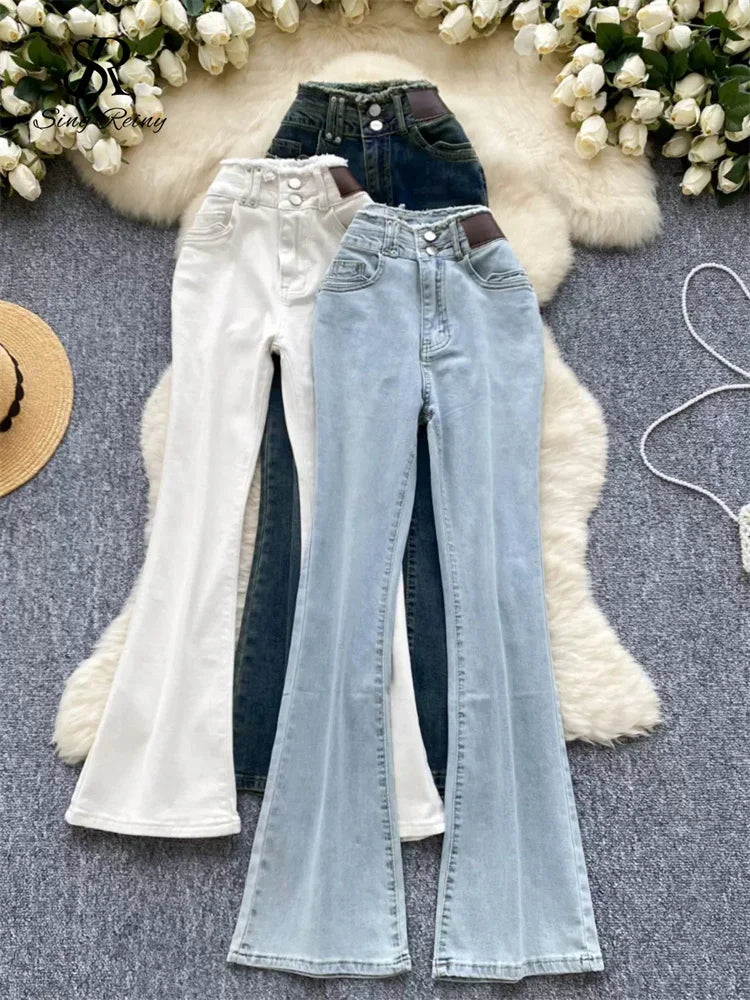 High-Waisted Flared Denim Pants with Faux Zippers – Streetwear Style - Piña Colada