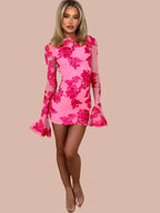 Glam Backless Floral Mesh Short Dress - Piña Colada