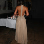 Halter Backless Silk V-neck Dress - Piña Colada