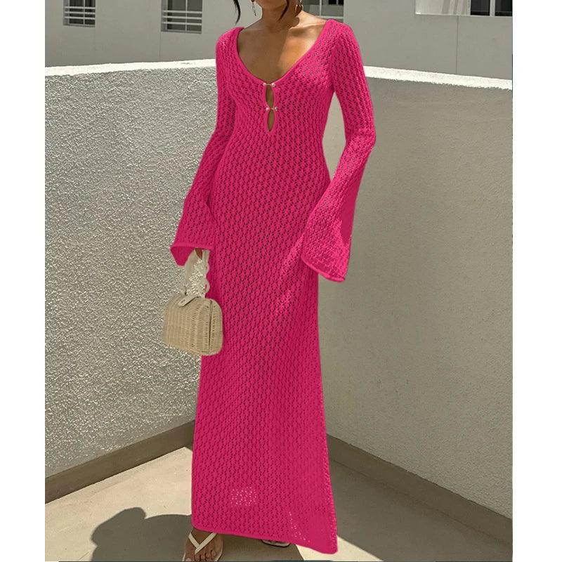 Knitting Hollow Out V-Neck Long Sleeve Dress - Piña Colada