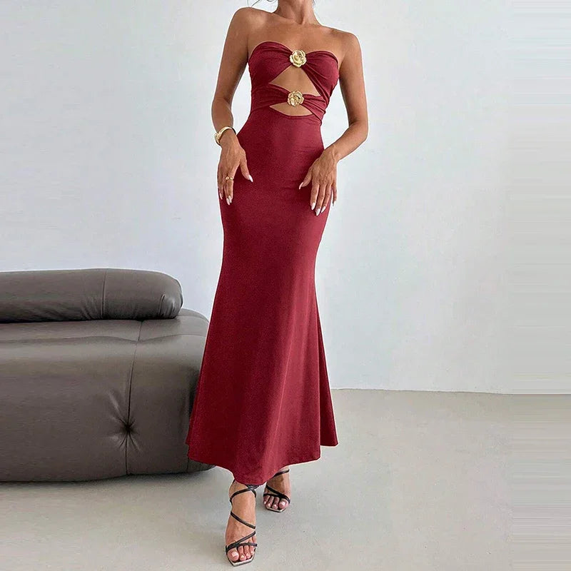 Hollow Out Metal Buckle Slim Evening Dress - Piña Colada