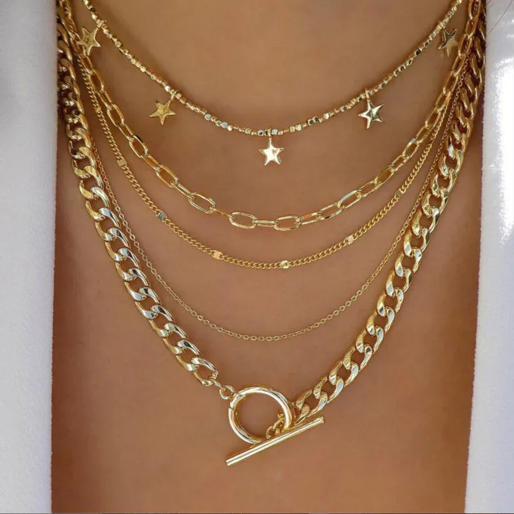 Boho Multi-Layer Gold Crystal Pendant Necklace Set - Piña Colada