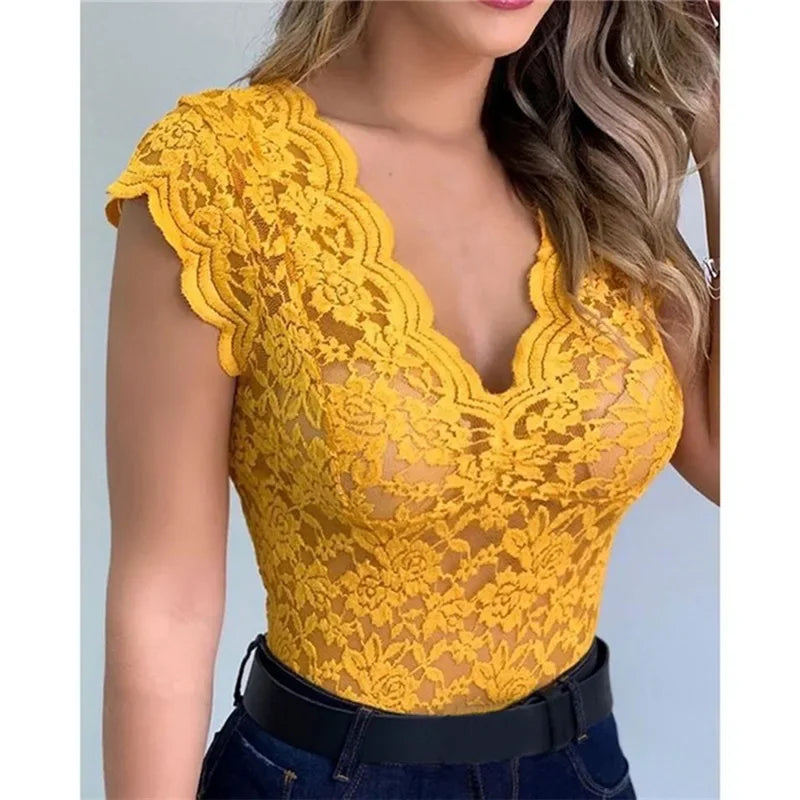 V Neck Lace Top Women - Piña Colada