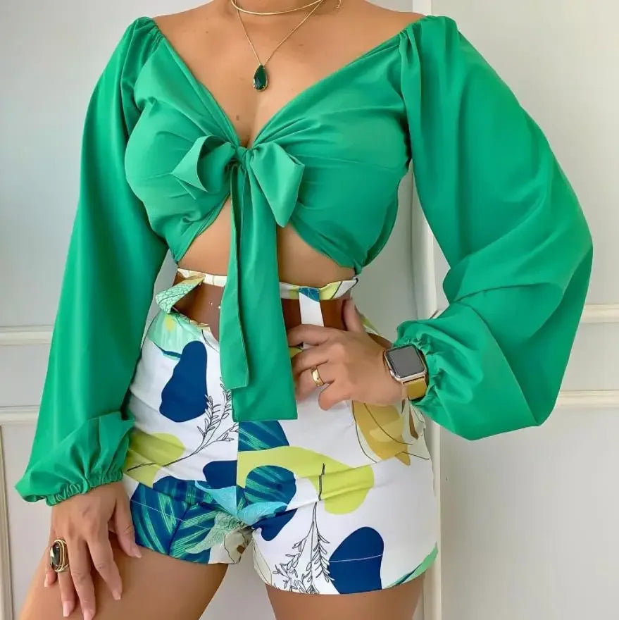 2 Piece Sets V-neck Long Sleeve Tops Slim Shorts - Piña Colada