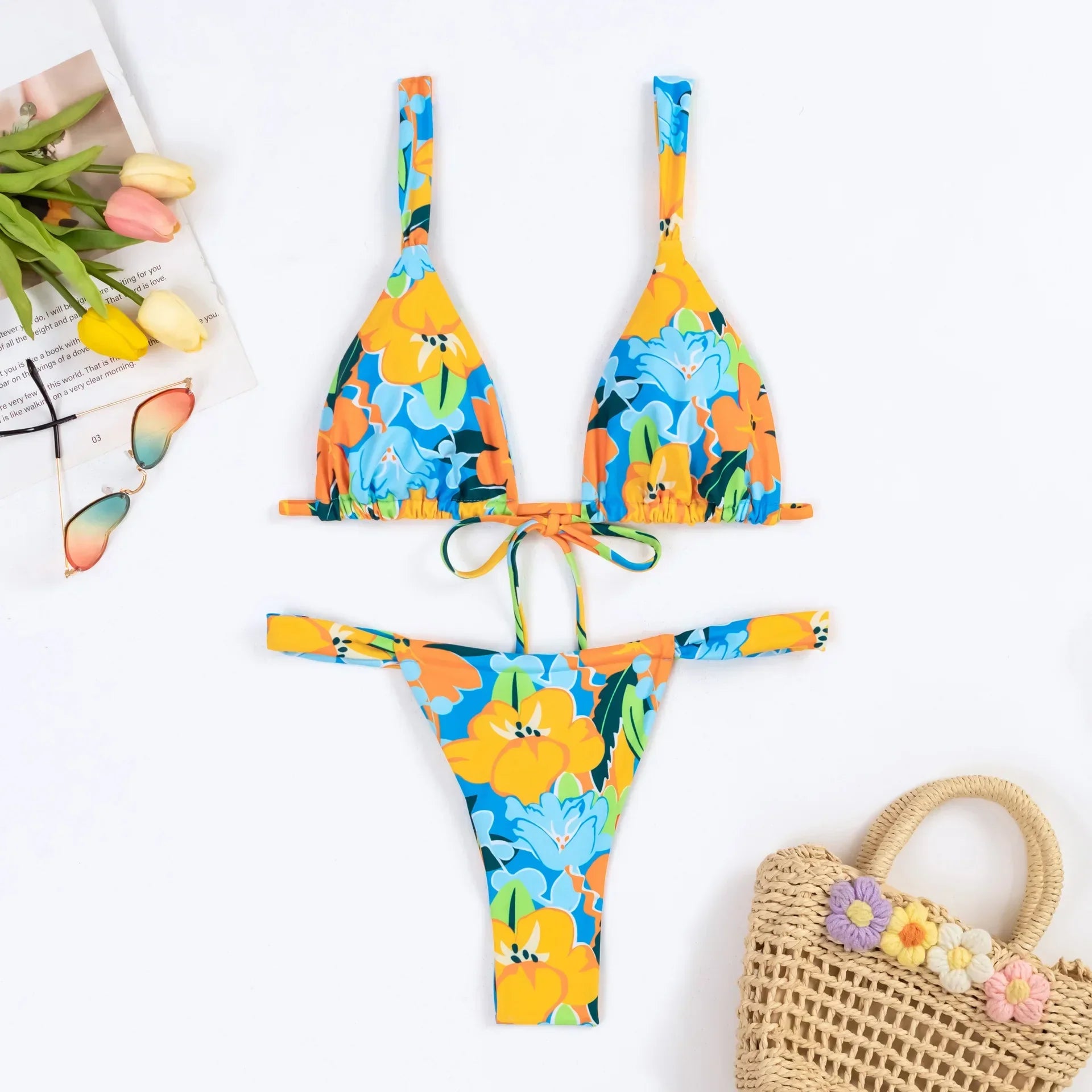 2025 Sexy Yellow Floral Bikini Set – Brazilian Thong Swimsuit - Piña Colada